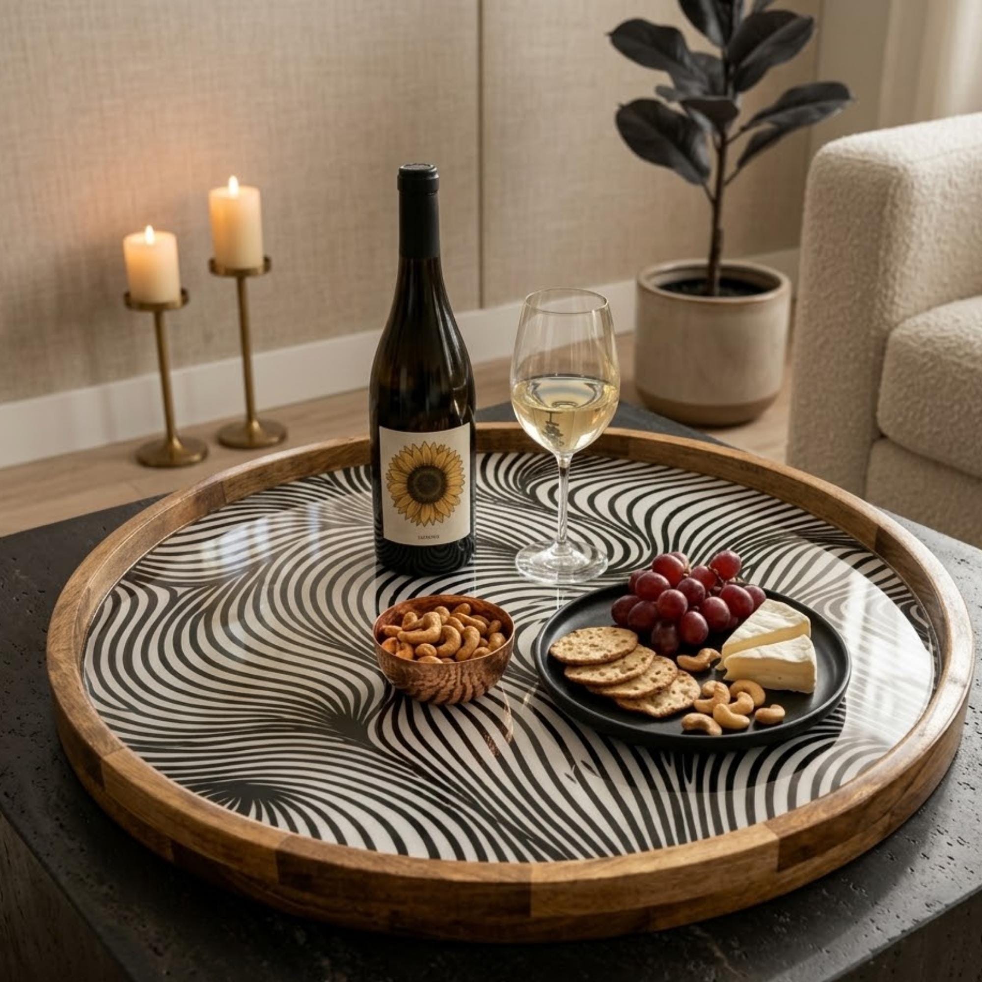 Handmade Mango Wood Serving Tray | Abstract Wave Print, Coffee Table Decor