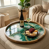 Handmade Green Marble Abstract Wooden Serving Tray | Round Ottoman Coffee Table Decor