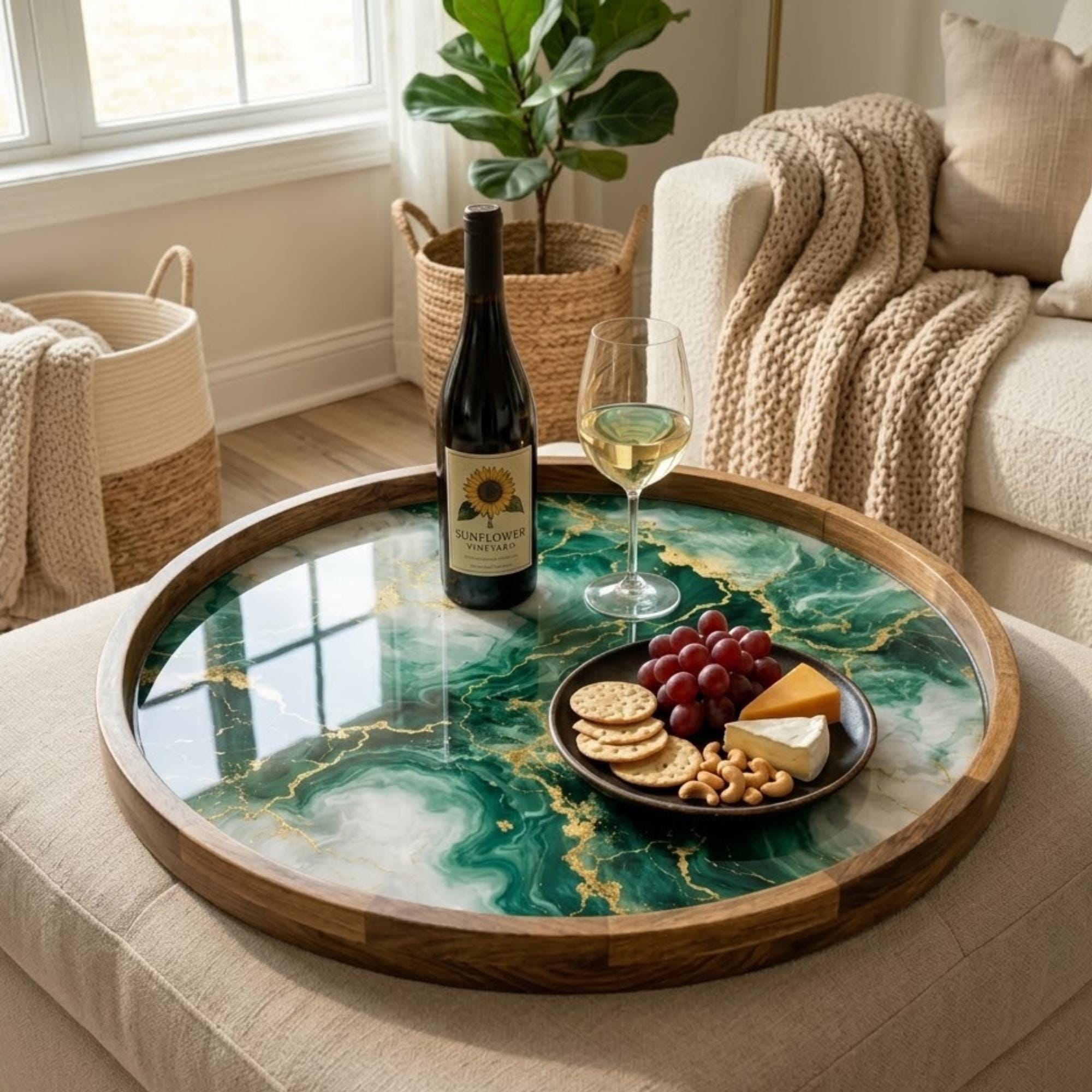 Handmade Green Marble Abstract Wooden Serving Tray | Round Ottoman Coffee Table Decor