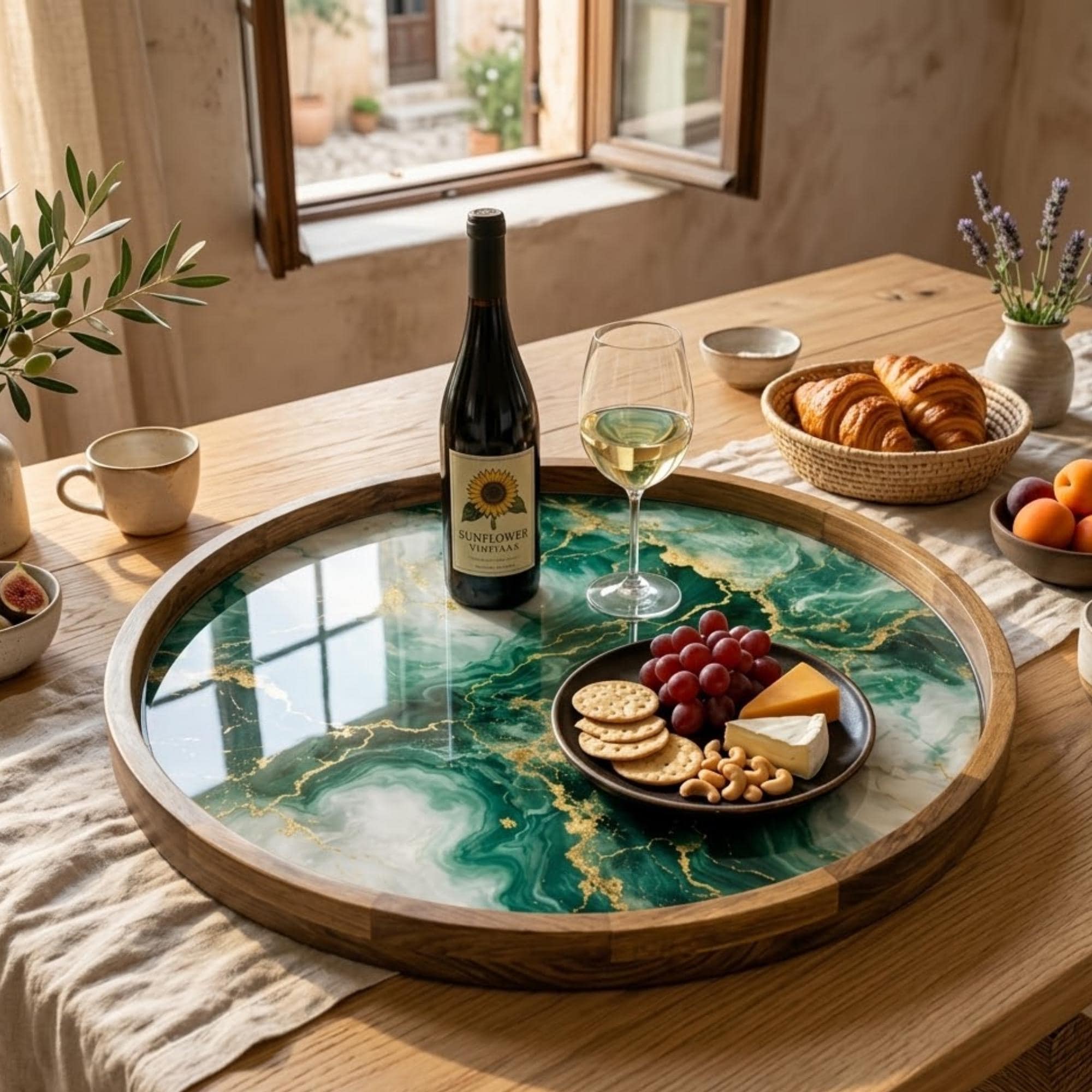 Handmade Green Marble Abstract Wooden Serving Tray | Round Ottoman Coffee Table Decor