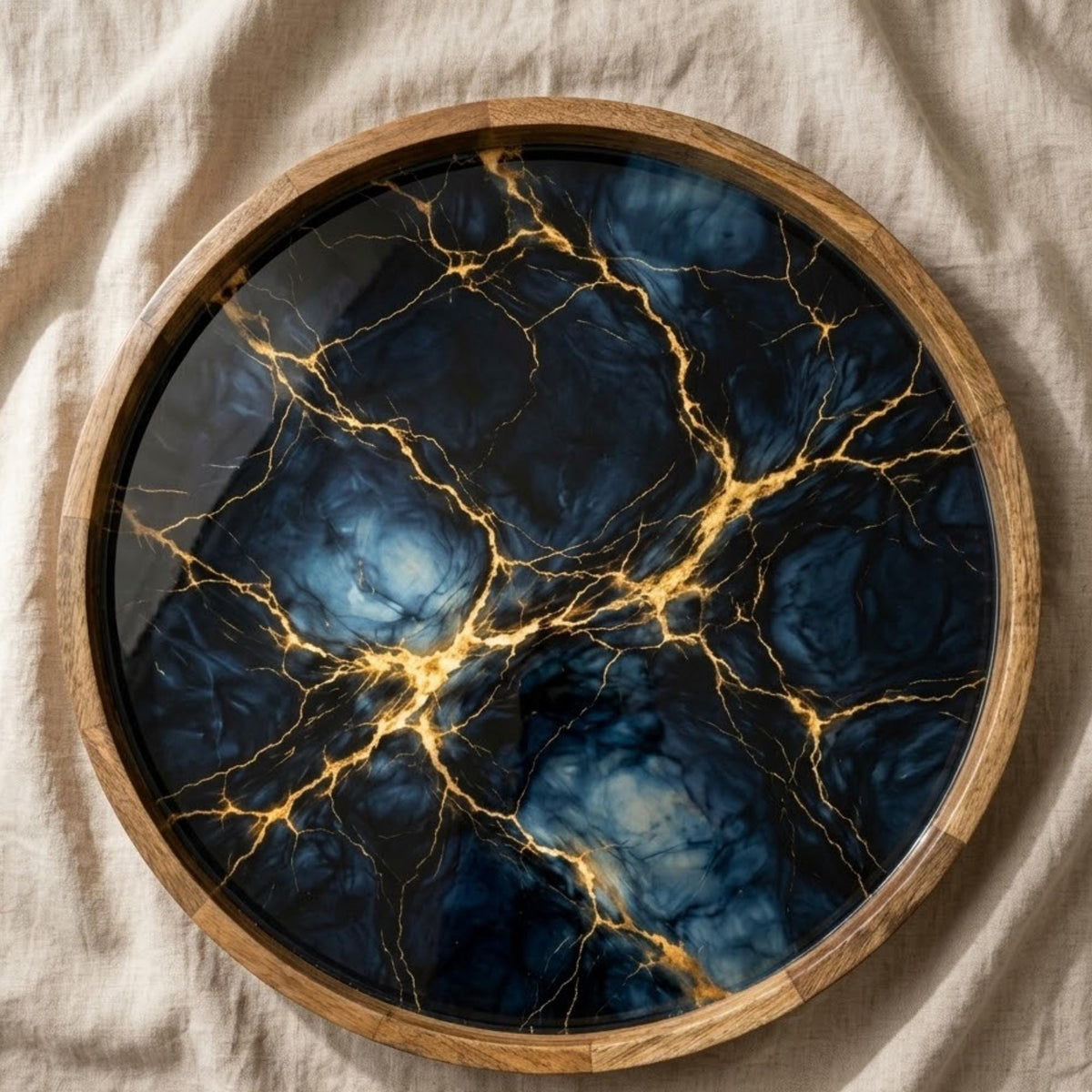 Green Floral Wooden Tray Printed | Mango Wood Round Tea Serving Decor Gift