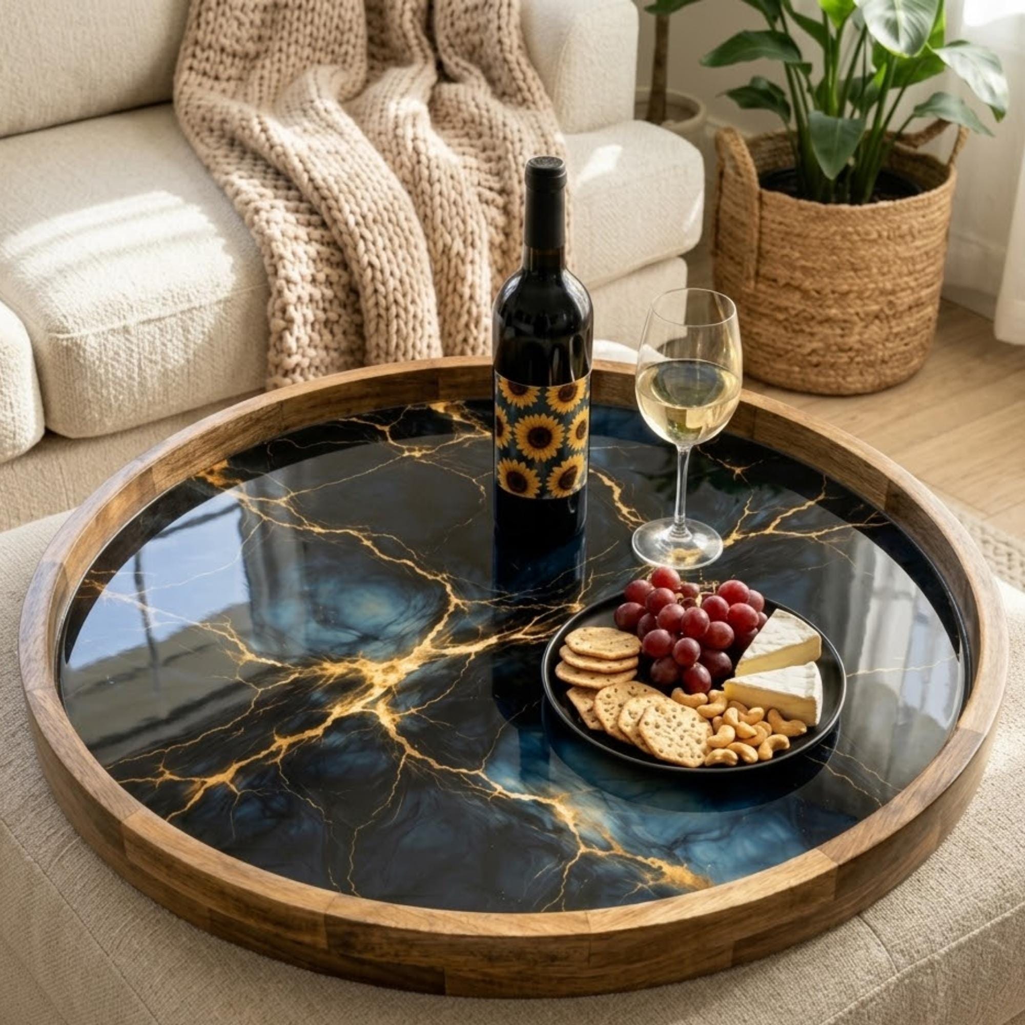 Green Floral Wooden Tray Printed | Mango Wood Round Tea Serving Decor Gift