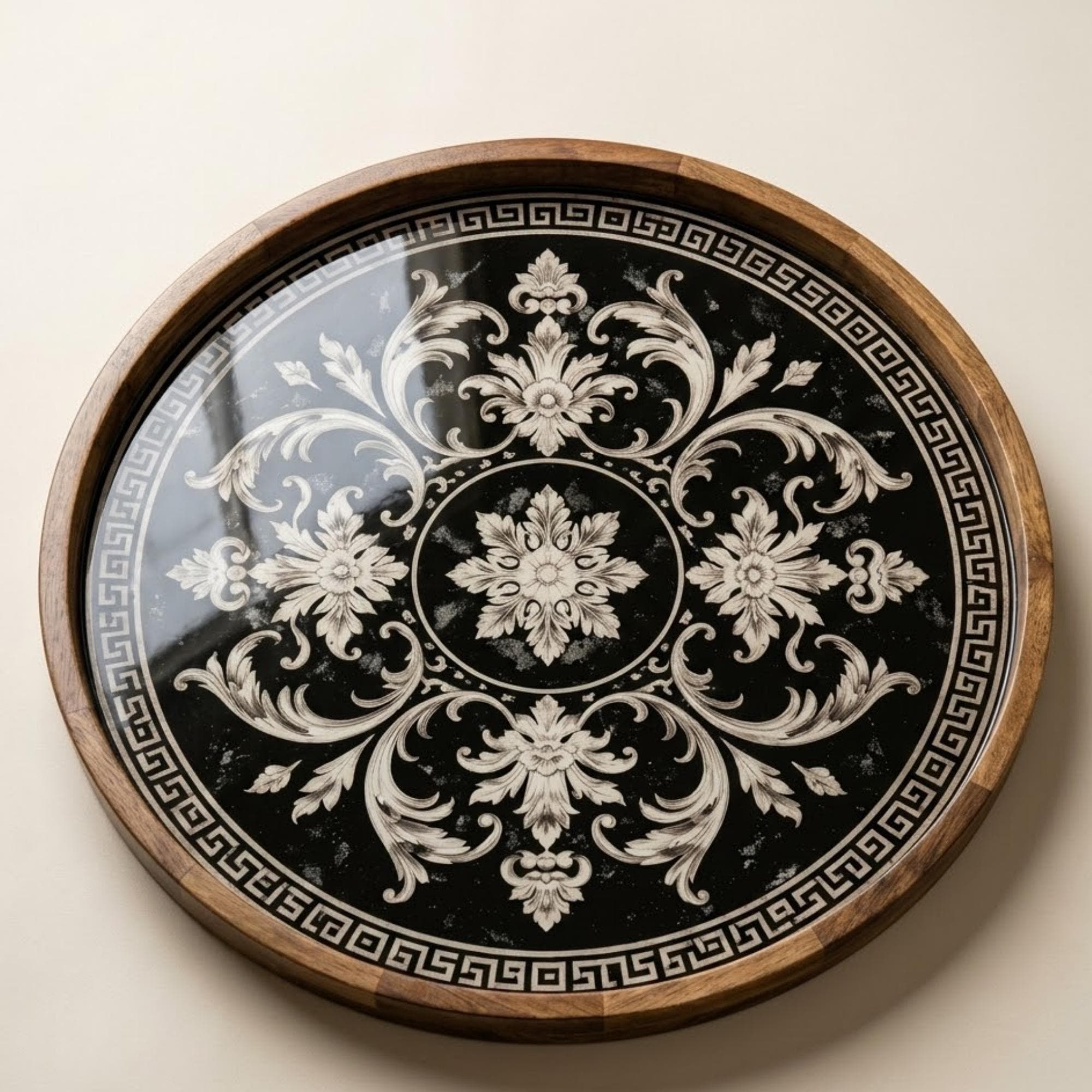 Baroque Serving Tray | Vintage Mango Wood Ottoman Decor, Round Coffee Table Styling