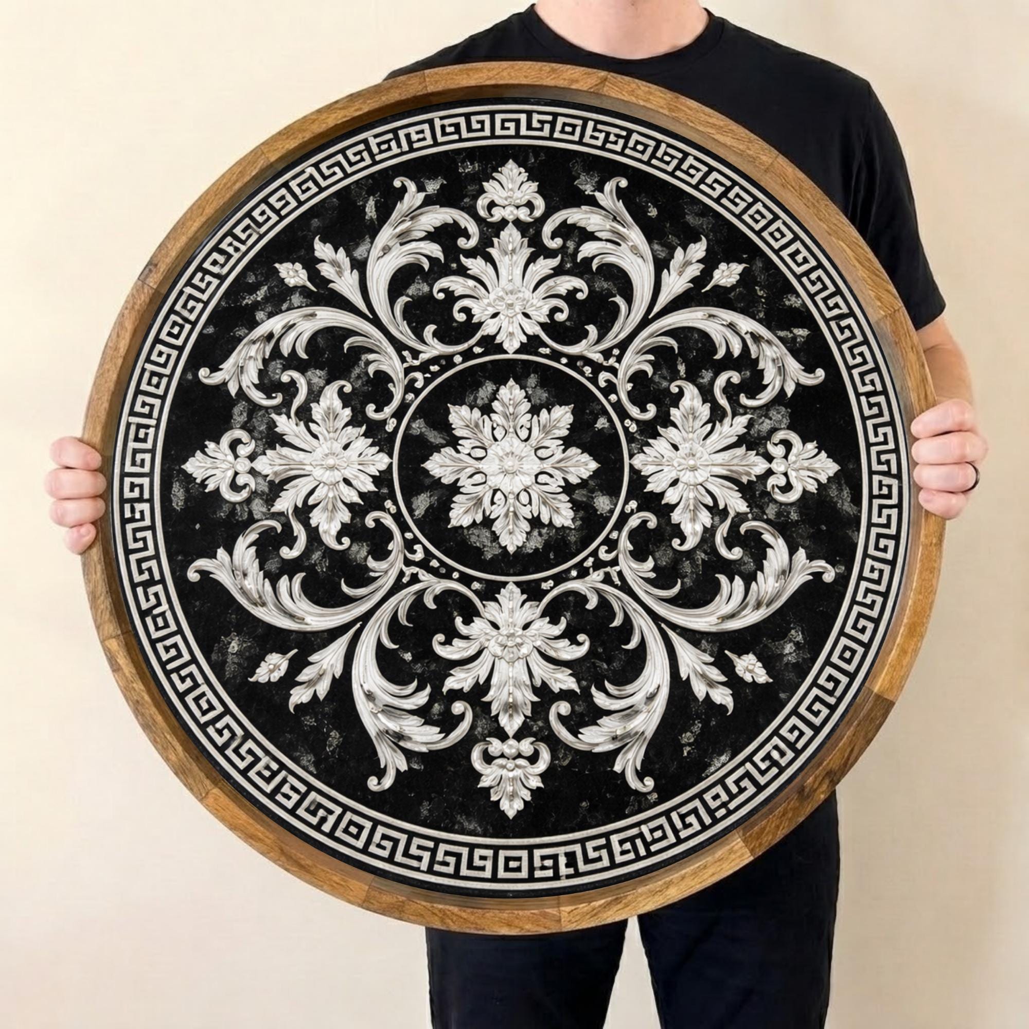 Baroque Serving Tray | Vintage Mango Wood Ottoman Decor, Round Coffee Table Styling