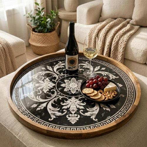 Baroque Serving Tray | Vintage Mango Wood Ottoman Decor, Round Coffee Table Styling