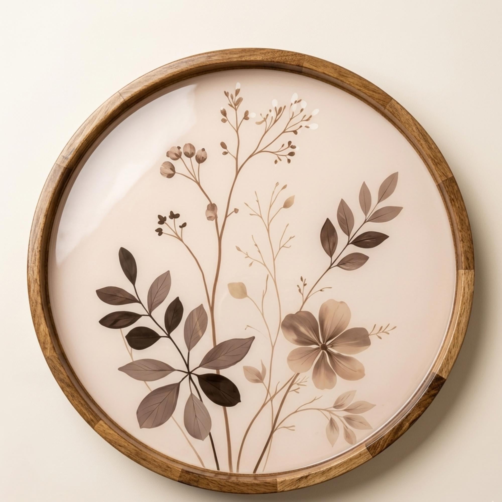 Handmade Neutral Floral Serving Tray | Botanical Mango Wood Ottoman Decor