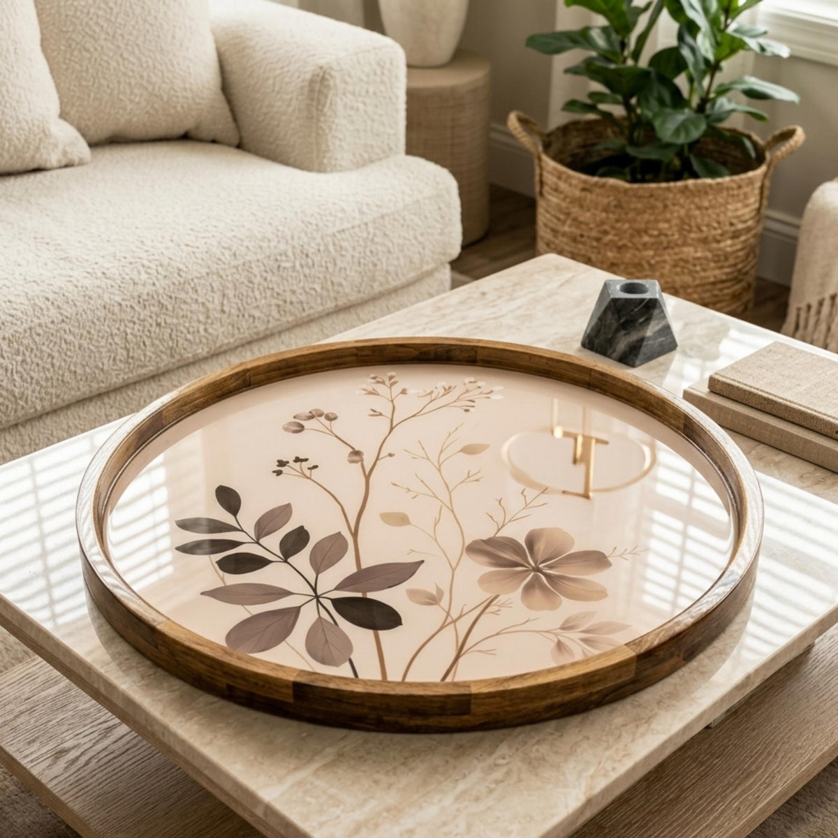 Handmade Neutral Floral Serving Tray | Botanical Mango Wood Ottoman Decor