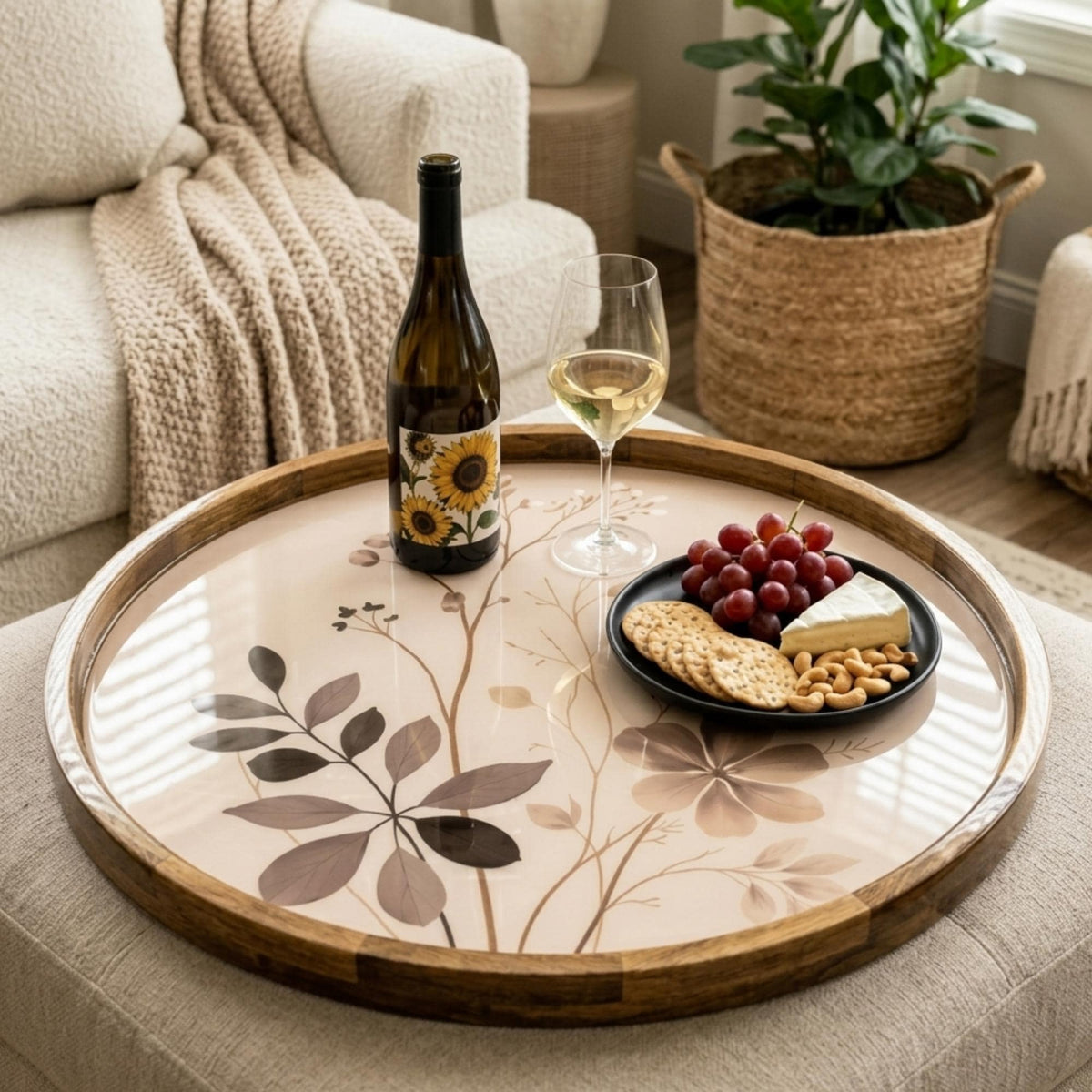 Handmade Neutral Floral Serving Tray | Botanical Mango Wood Ottoman Decor