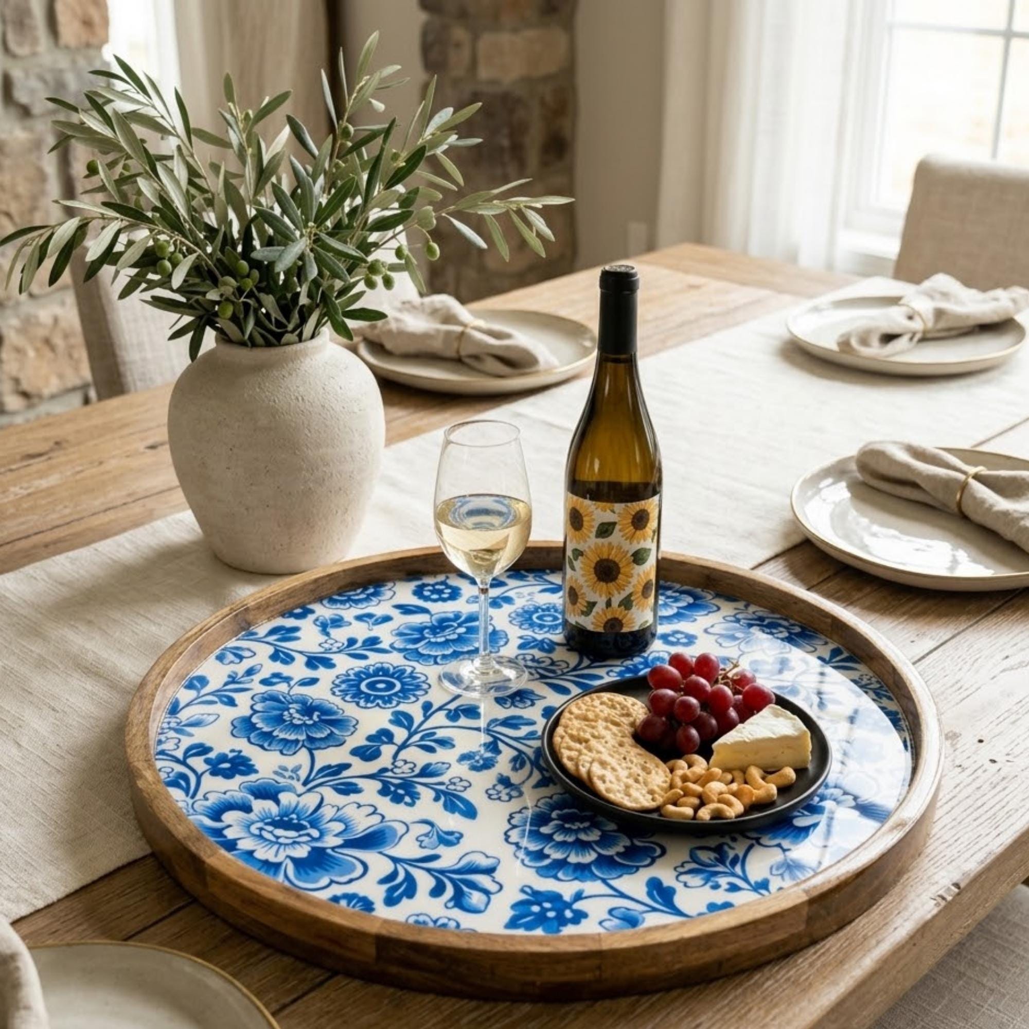 Blue Floral Mango Wood Round Tray | Farmhouse Coffee Table Ottoman Decor