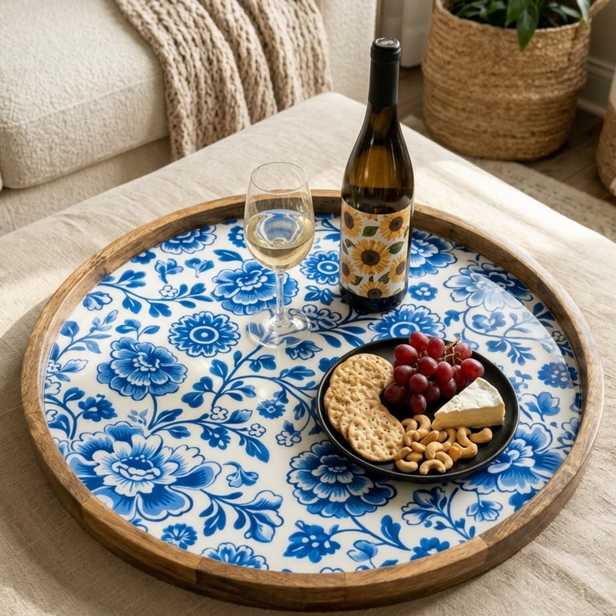 Blue Floral Mango Wood Round Tray | Farmhouse Coffee Table Ottoman Decor