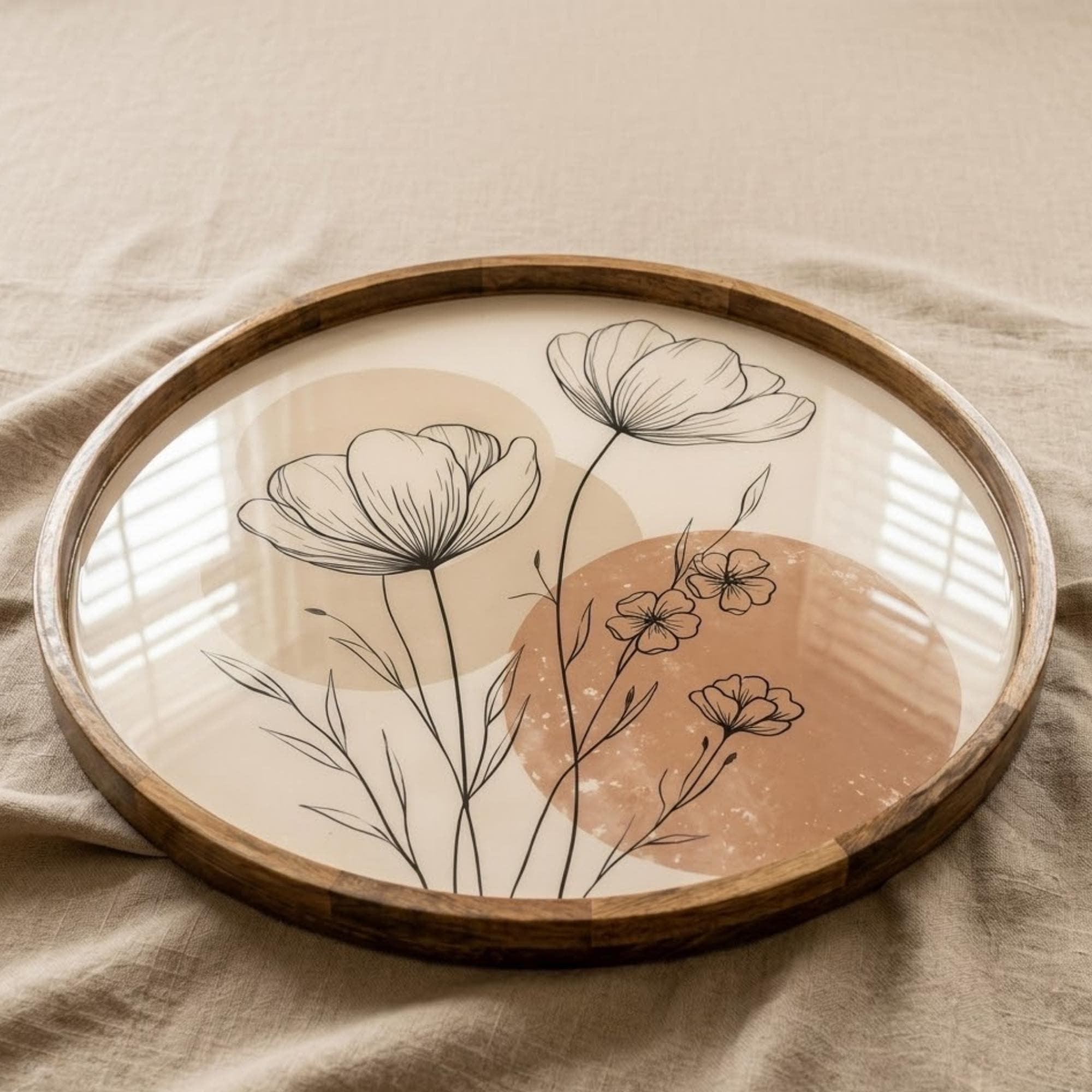 Handmade Mango Wood Floral Tray | Minimalist Round Serving Ottoman Decor