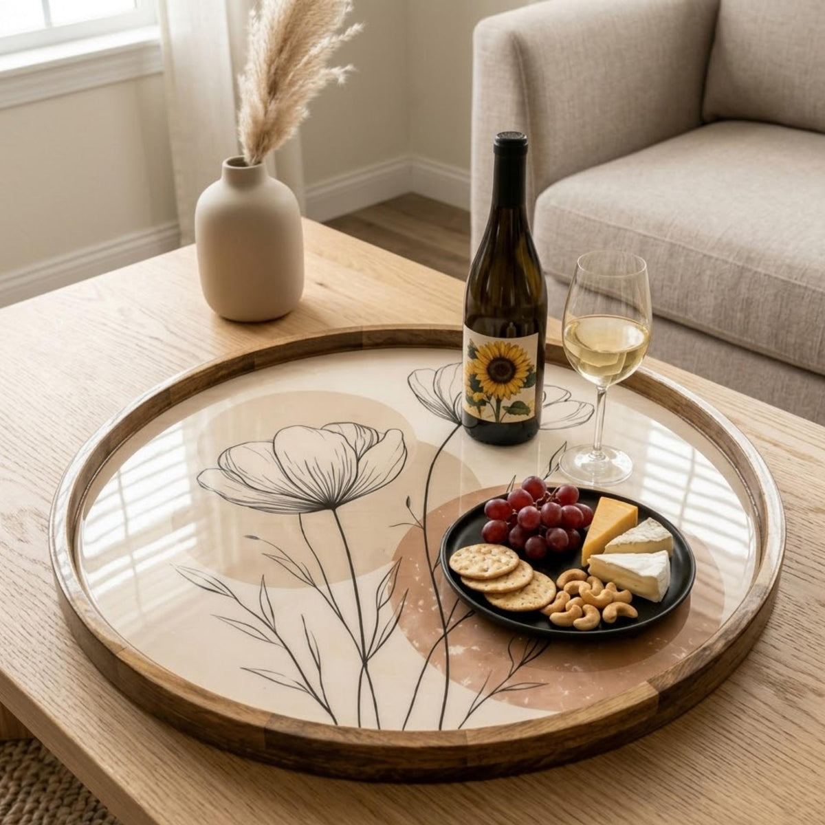 Handmade Mango Wood Floral Tray | Minimalist Round Serving Ottoman Decor