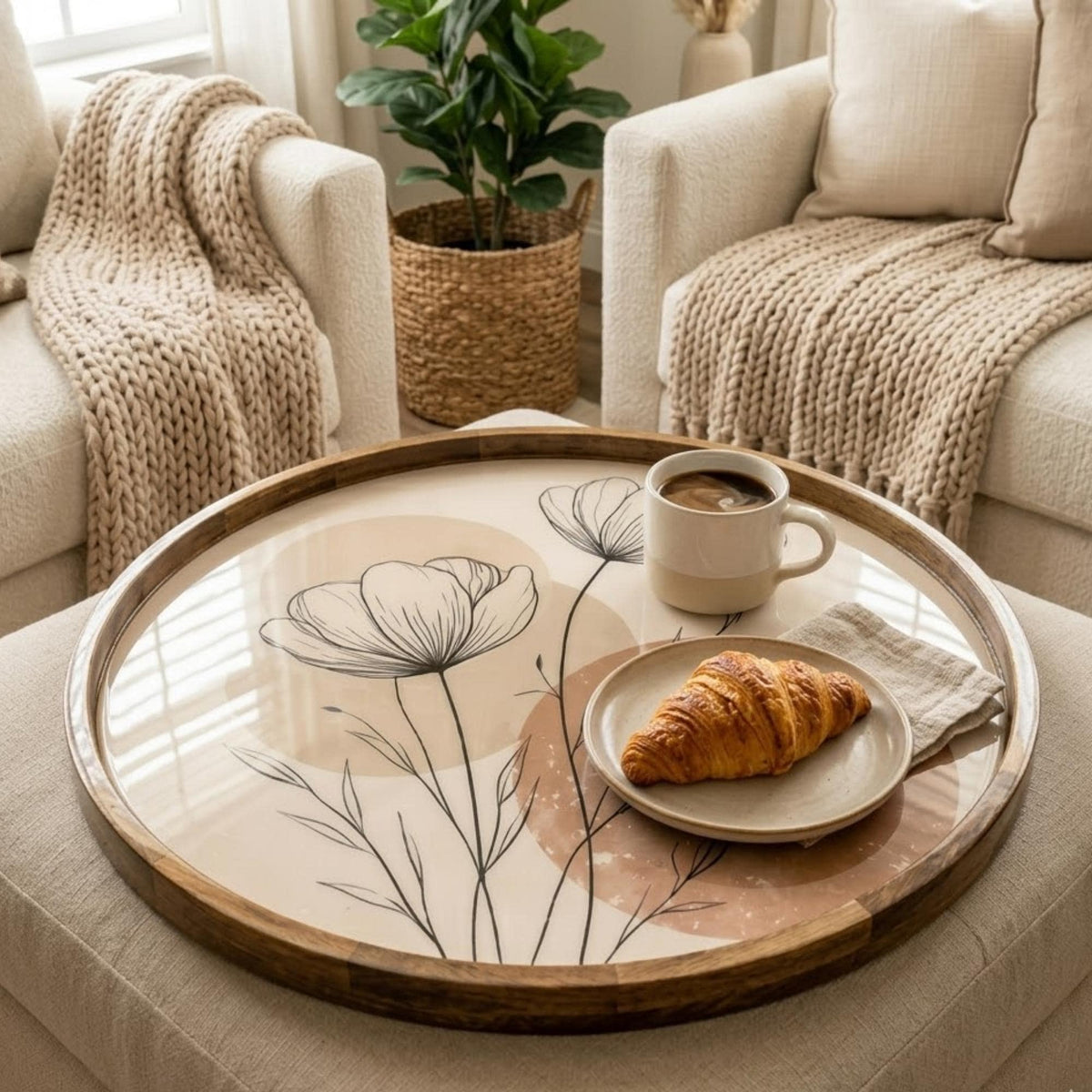 Handmade Mango Wood Floral Tray | Minimalist Round Serving Ottoman Decor