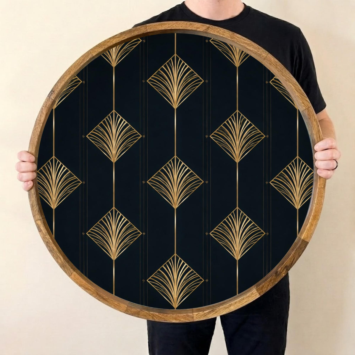 Art Deco Mango Wood Serving Tray | Navy Geometric Ottoman Coffee Table Decor