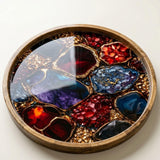Round Mango Wood Serving Tray | Abstract Geode Resin Art Decor Ottoman Coffee Table Tray