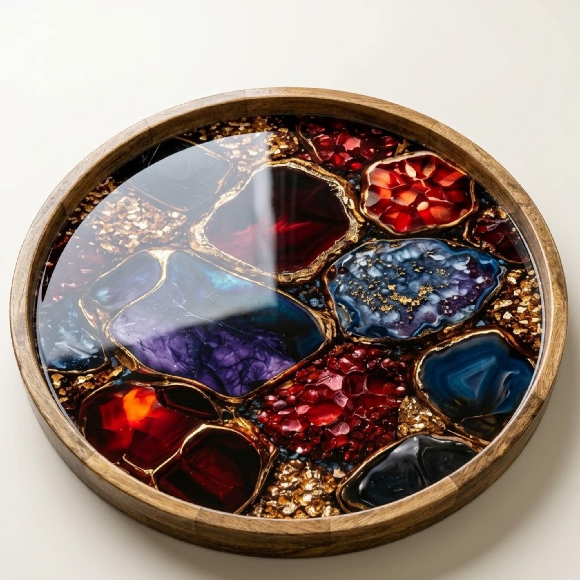 Round Mango Wood Serving Tray | Abstract Geode Resin Art Decor Ottoman Coffee Table Tray