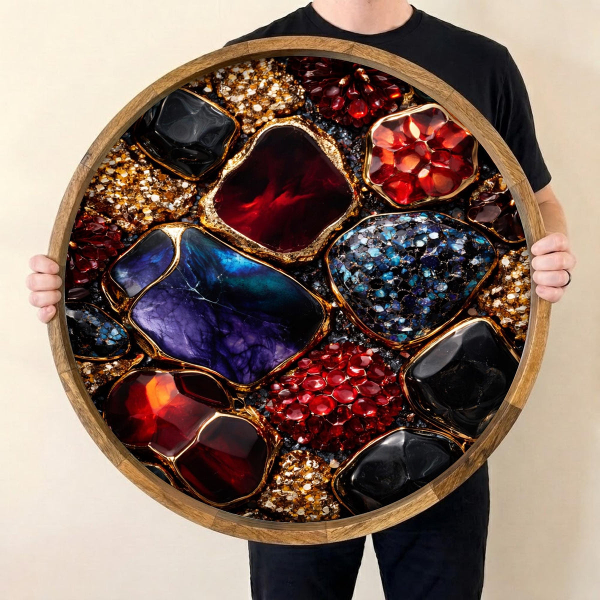 Round Mango Wood Serving Tray | Abstract Geode Resin Art Decor Ottoman Coffee Table Tray