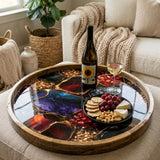 Round Mango Wood Serving Tray | Abstract Geode Resin Art Decor Ottoman Coffee Table Tray