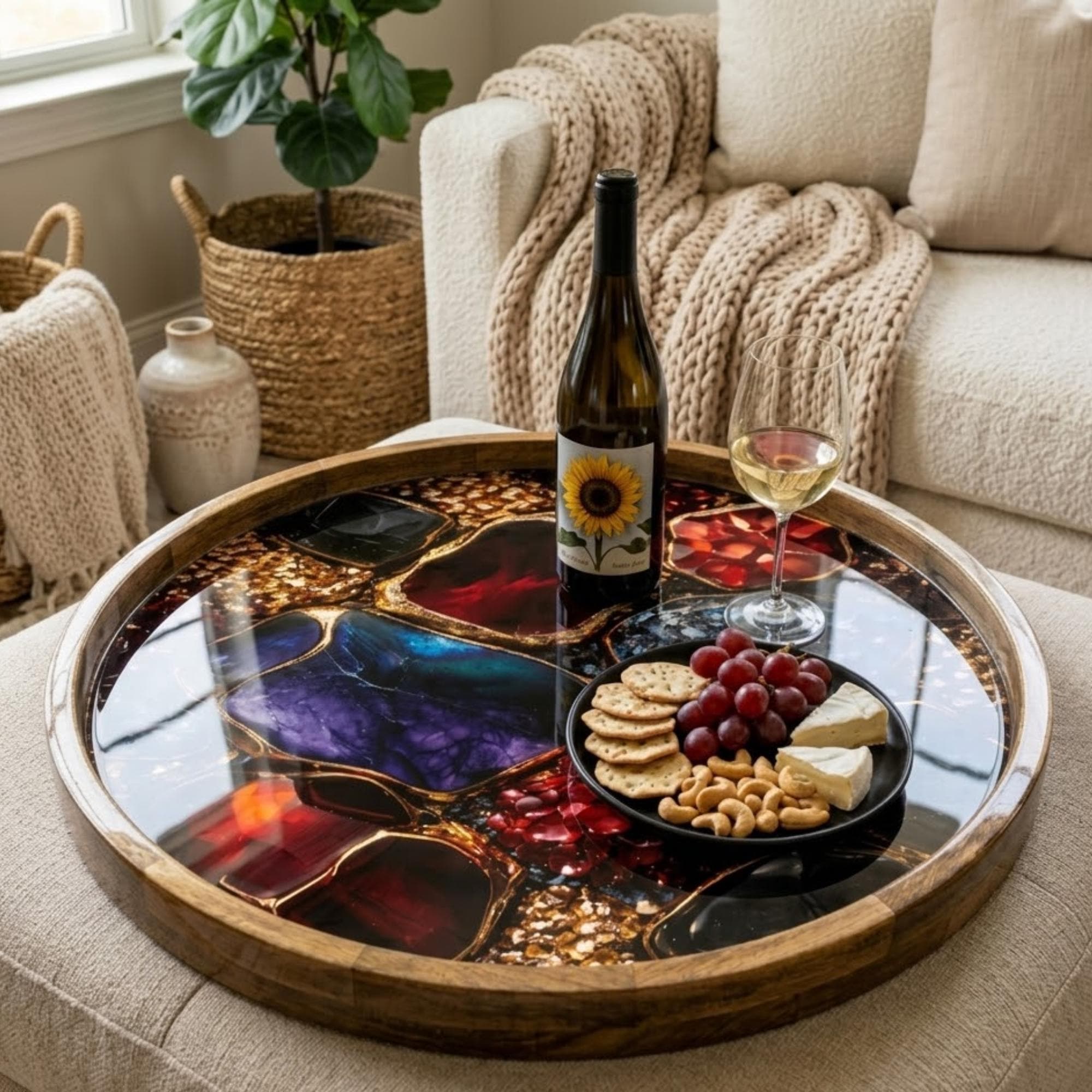 Round Mango Wood Serving Tray | Abstract Geode Resin Art Decor Ottoman Coffee Table Tray