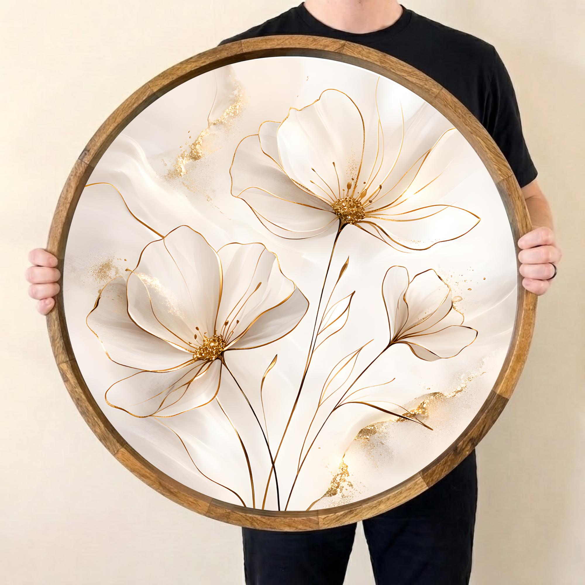 Handmade Mango Wood Serving Tray | White Floral Print, Gold Detail, Ottoman Coffee Table Decor
