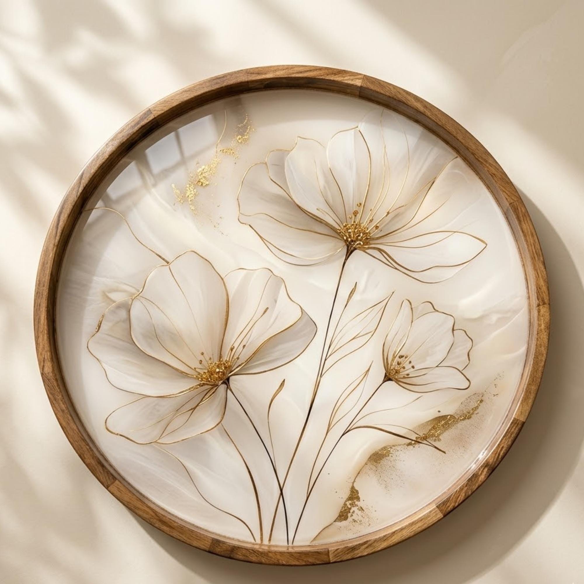 Handmade Mango Wood Serving Tray | White Floral Print, Gold Detail, Ottoman Coffee Table Decor