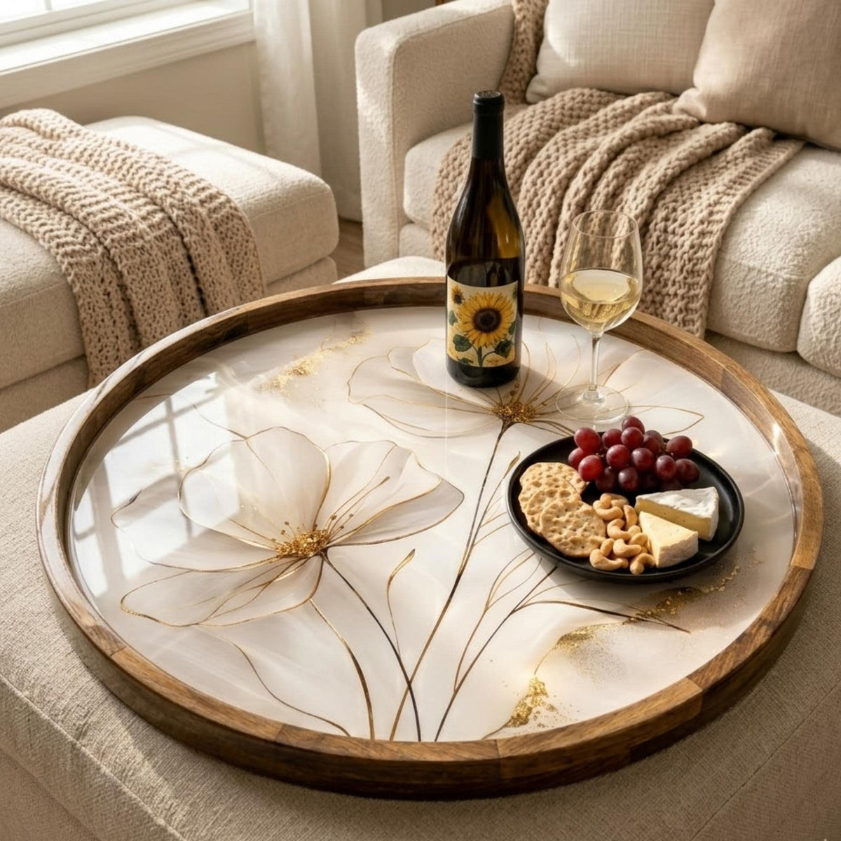 Handmade Mango Wood Serving Tray | White Floral Print, Gold Detail, Ottoman Coffee Table Decor