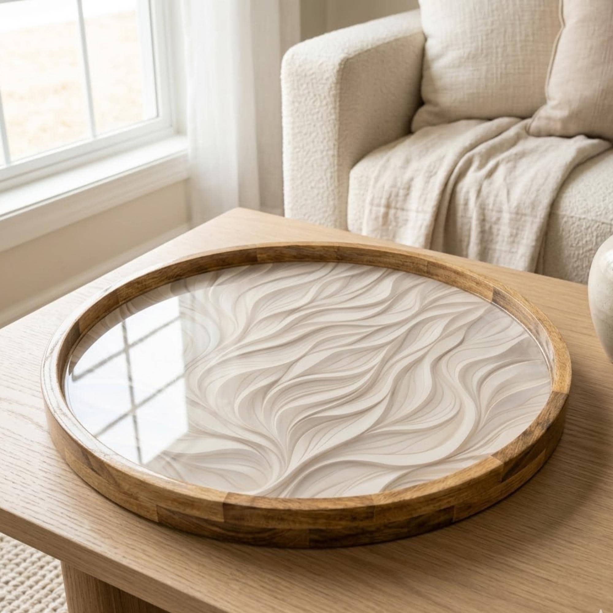 Handmade Mango Wood Serving Tray | Neutral Wave Print Coffee Table Decor