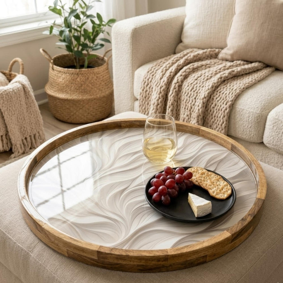 Handmade Mango Wood Serving Tray | Neutral Wave Print Coffee Table Decor