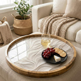 Handmade Mango Wood Serving Tray | Neutral Wave Print Coffee Table Decor