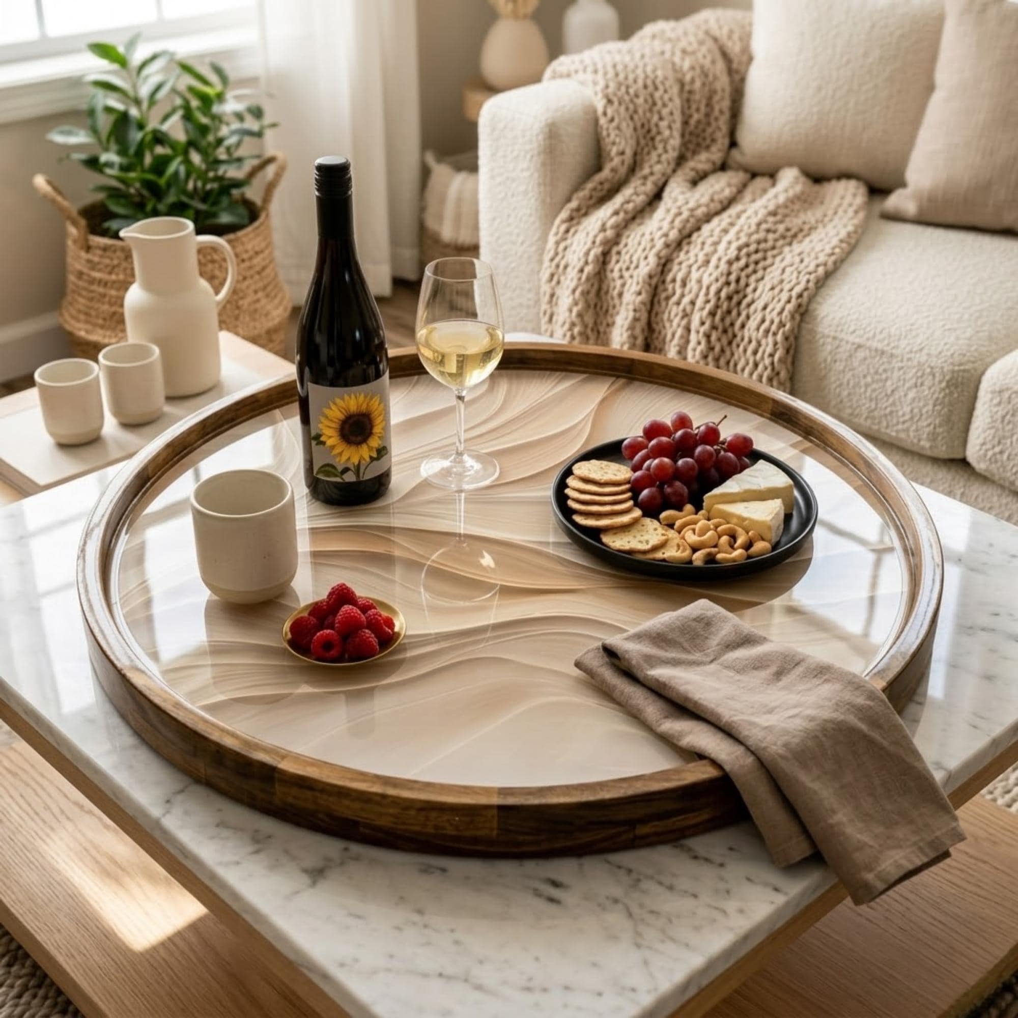 Handmade Mango Wood Serving Tray | Abstract Wave Ottoman Decor