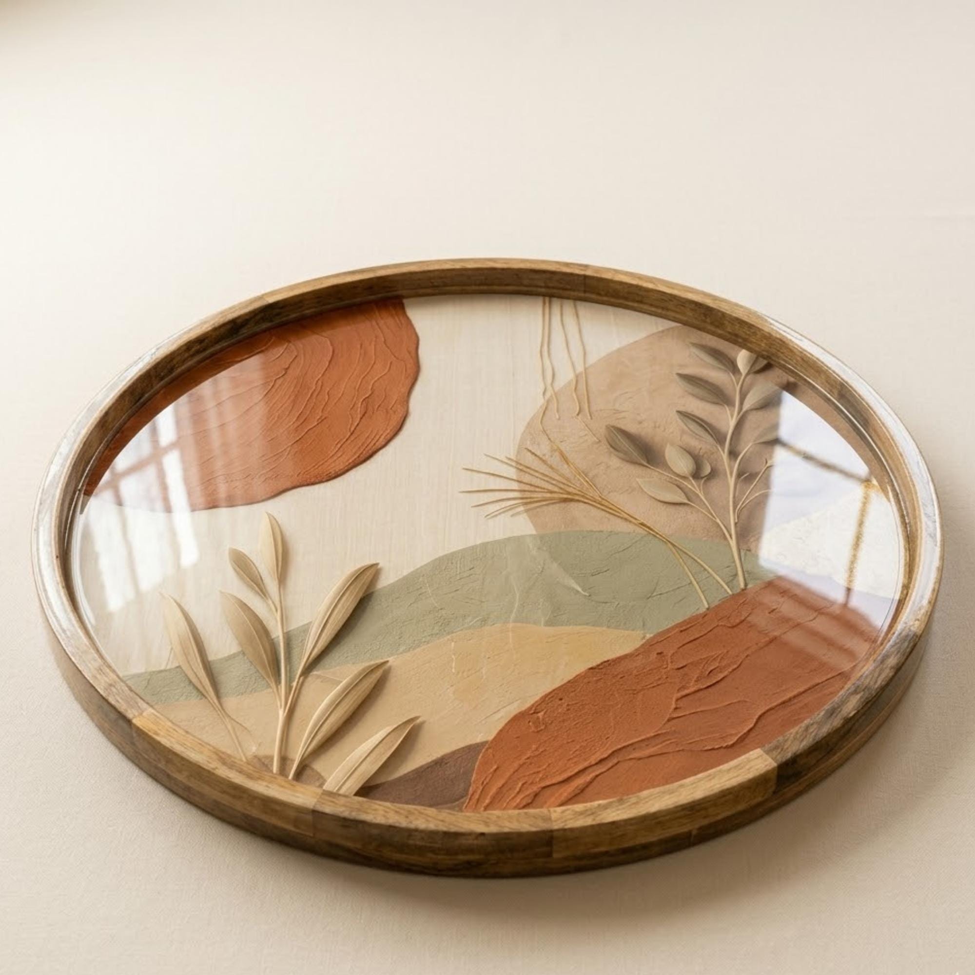 Boho Abstract Mango Wood Serving Tray | Neutral Botanical Ottoman Decor