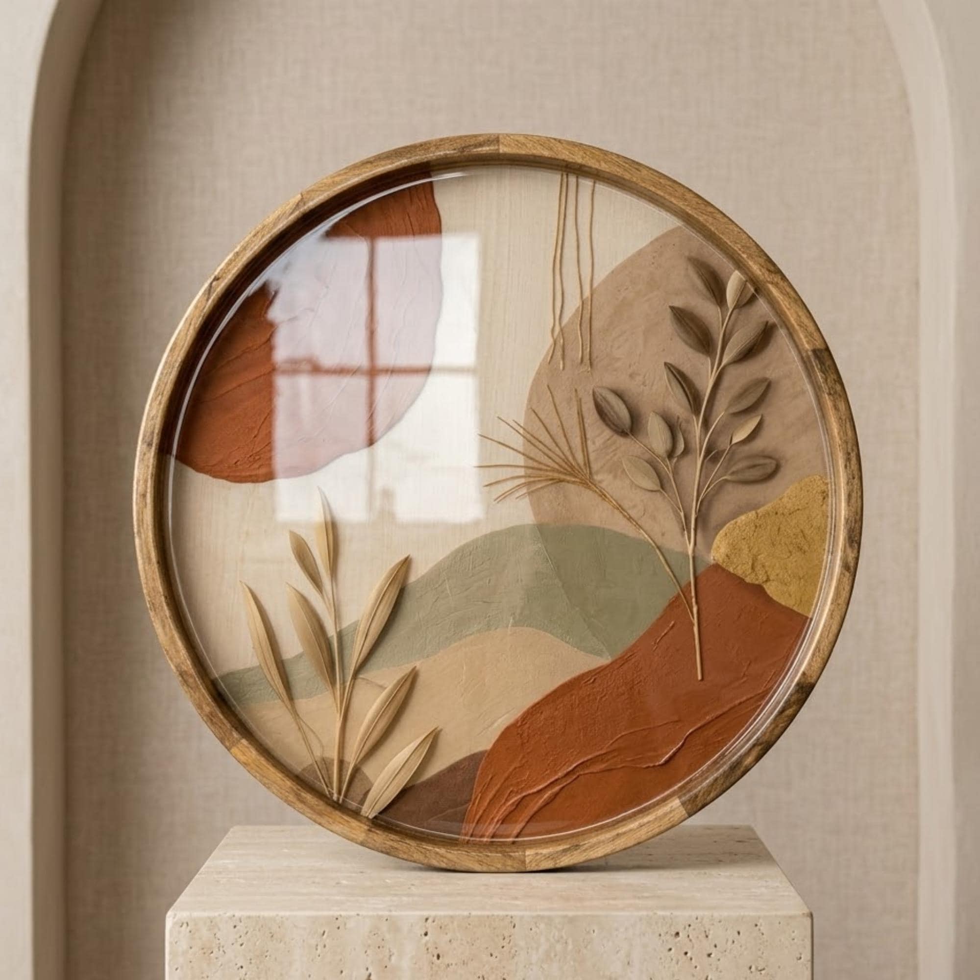 Boho Abstract Mango Wood Serving Tray | Neutral Botanical Ottoman Decor