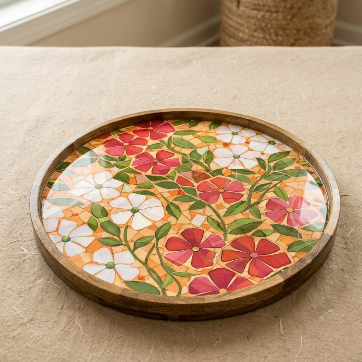 Handmade Floral Mango Wood Serving Tray | Round Coffee Table Ottoman Decor
