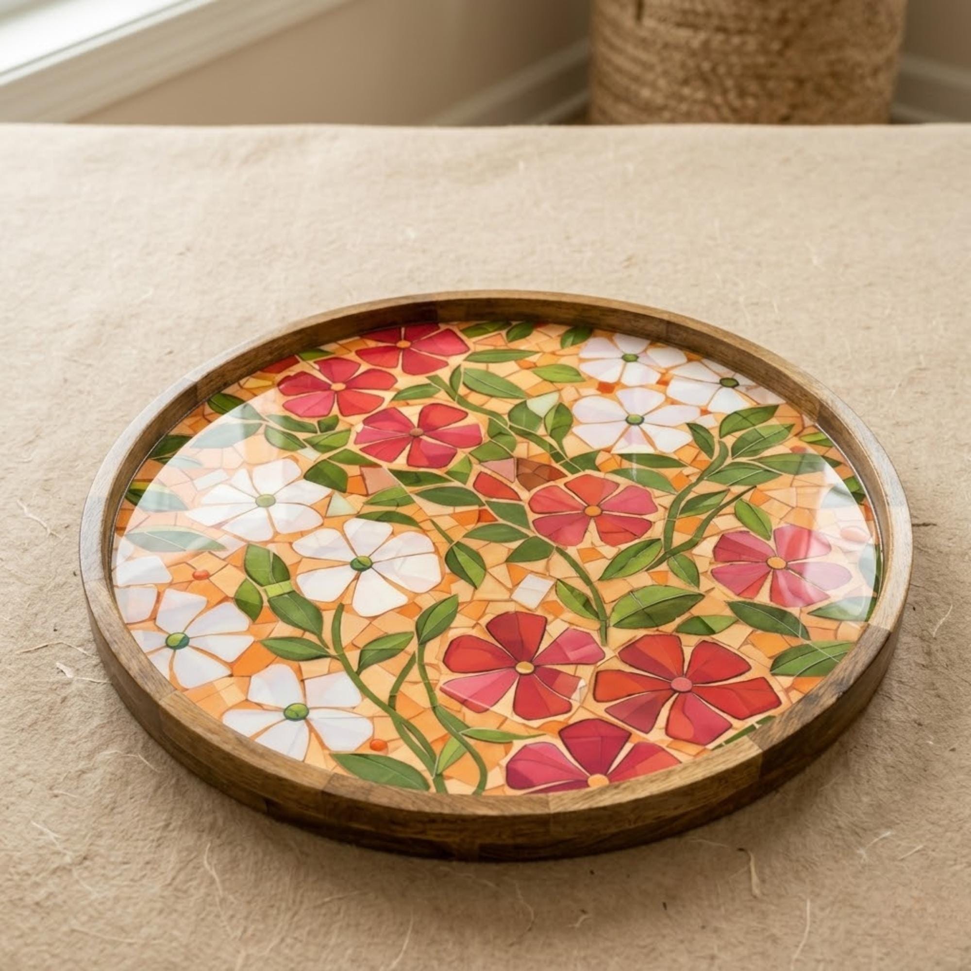 Handmade Floral Mango Wood Serving Tray | Round Coffee Table Ottoman Decor