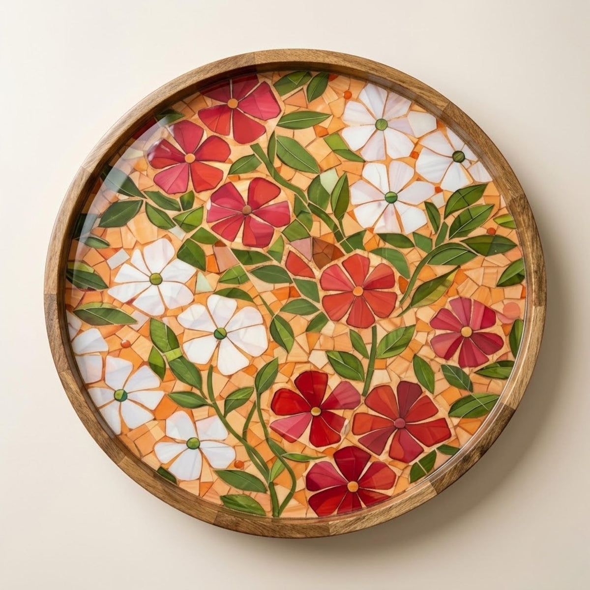 Handmade Floral Mango Wood Serving Tray | Round Coffee Table Ottoman Decor