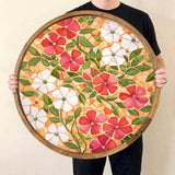 Handmade Floral Mango Wood Serving Tray | Round Coffee Table Ottoman Decor