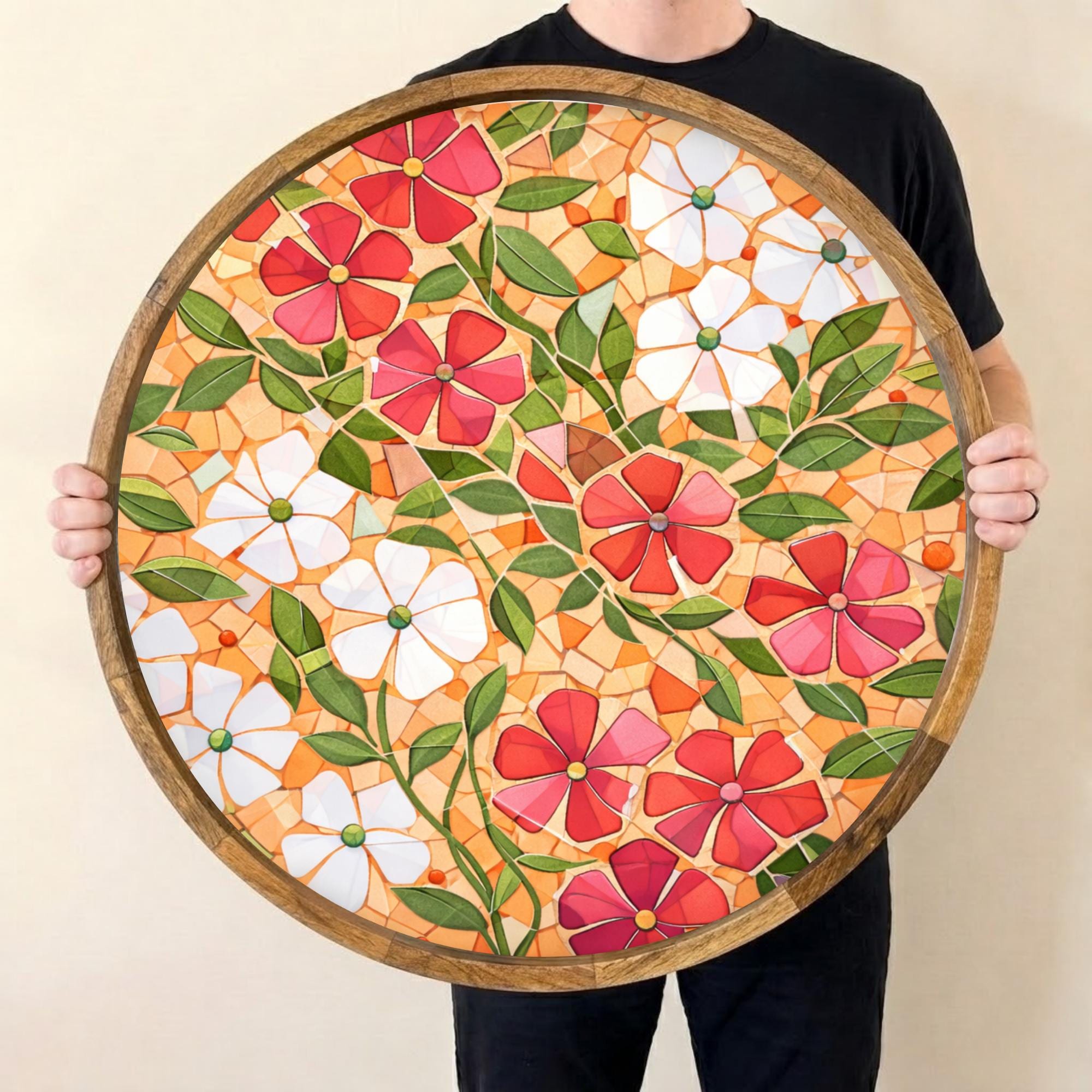 Handmade Floral Mango Wood Serving Tray | Round Coffee Table Ottoman Decor