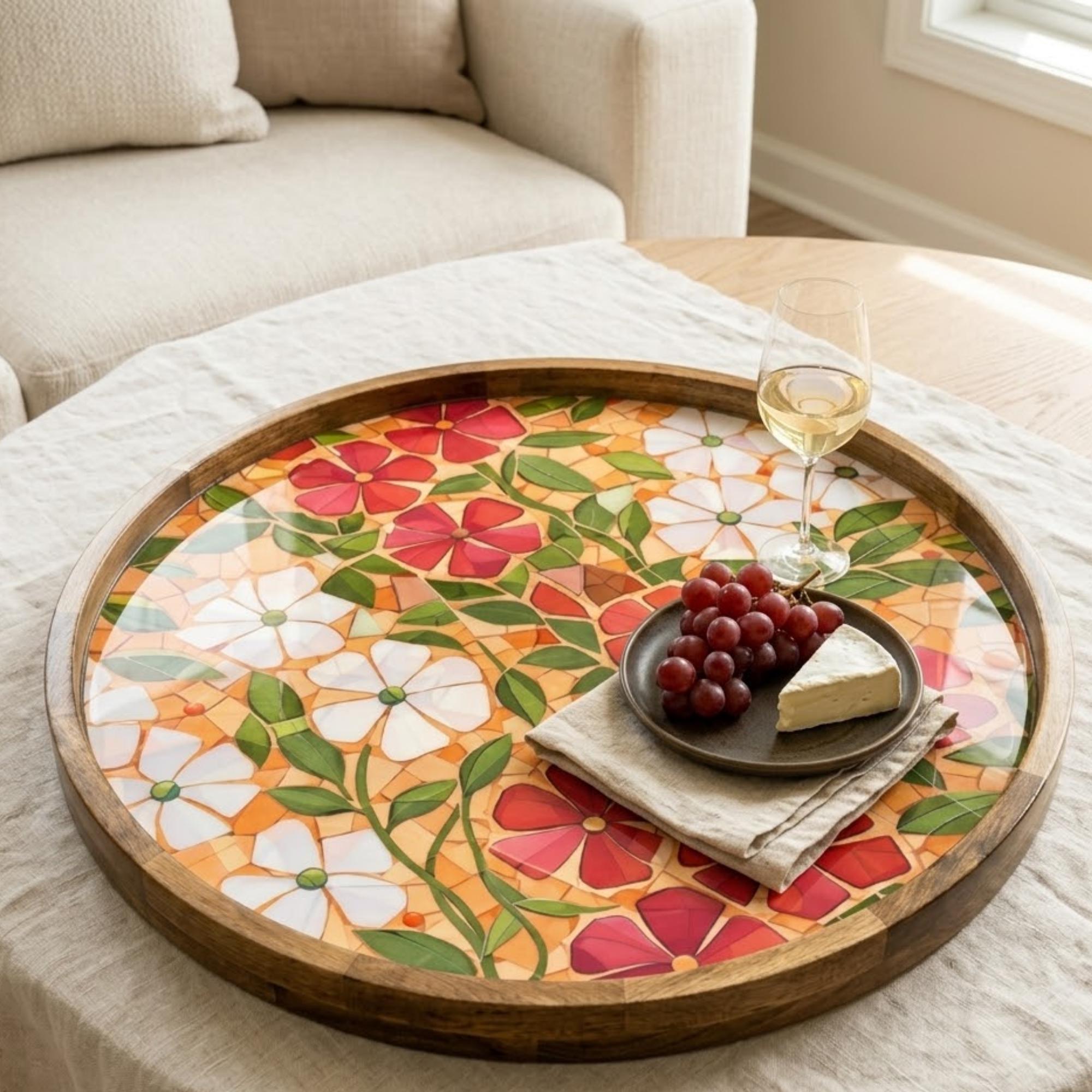 Handmade Floral Mango Wood Serving Tray | Round Coffee Table Ottoman Decor