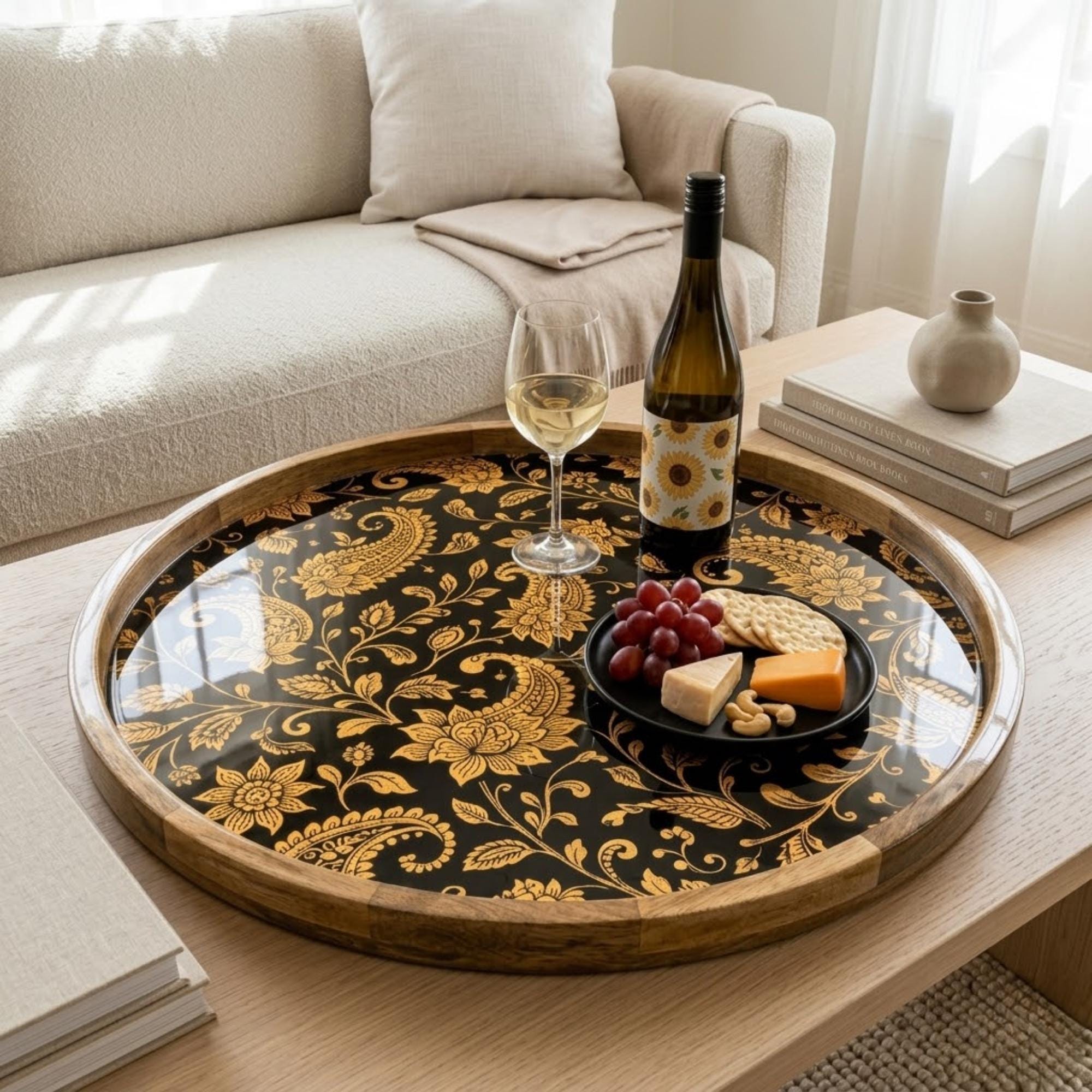 Handmade Mango Wood Serving Tray | Black Gold Floral Ottoman Decor