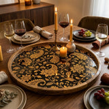 Handmade Mango Wood Serving Tray | Black Gold Floral Ottoman Decor