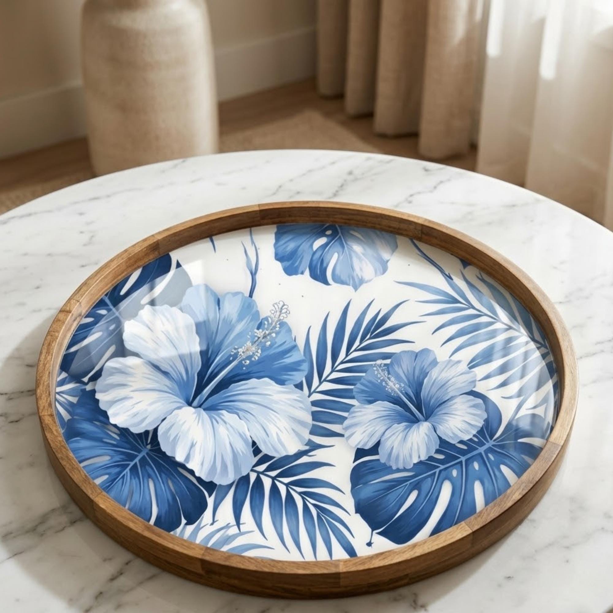 Blue Floral Mango Wood Serving Tray | Tropical Ottoman Coffee Table Decor