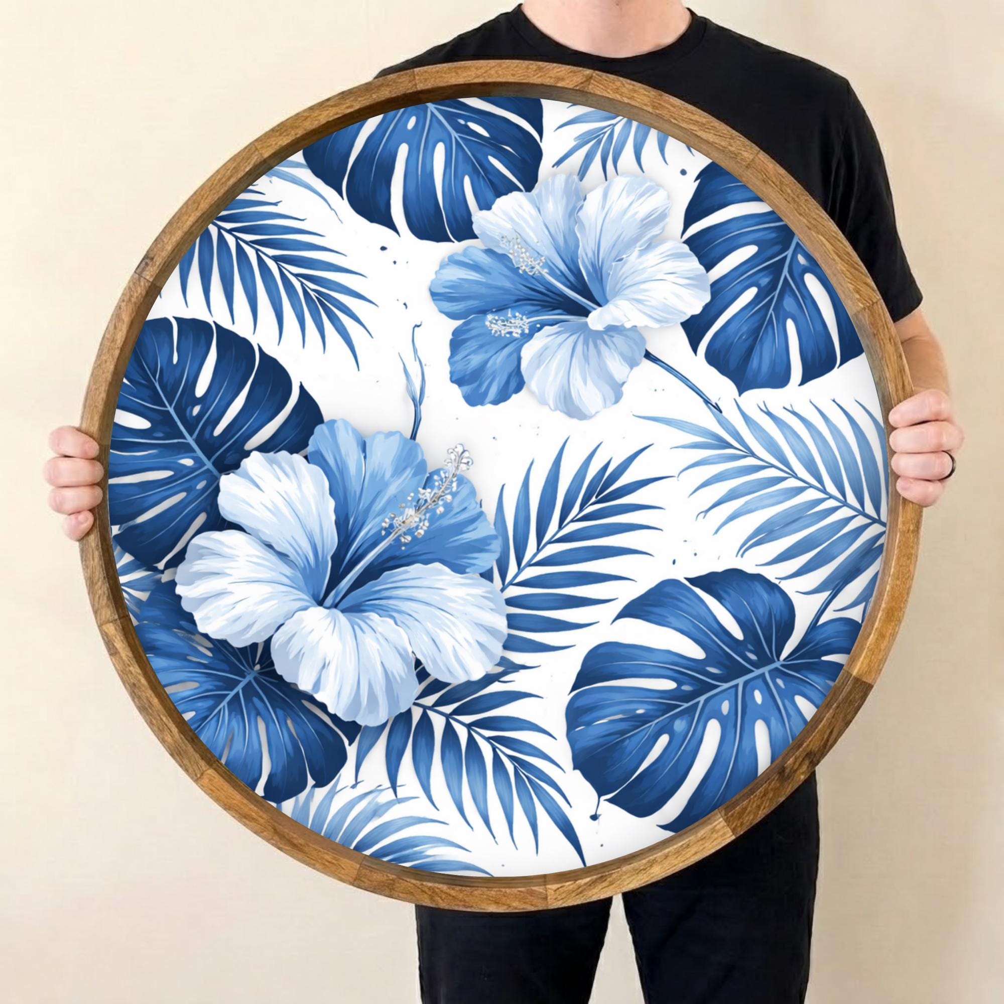 Blue Floral Mango Wood Serving Tray | Tropical Ottoman Coffee Table Decor
