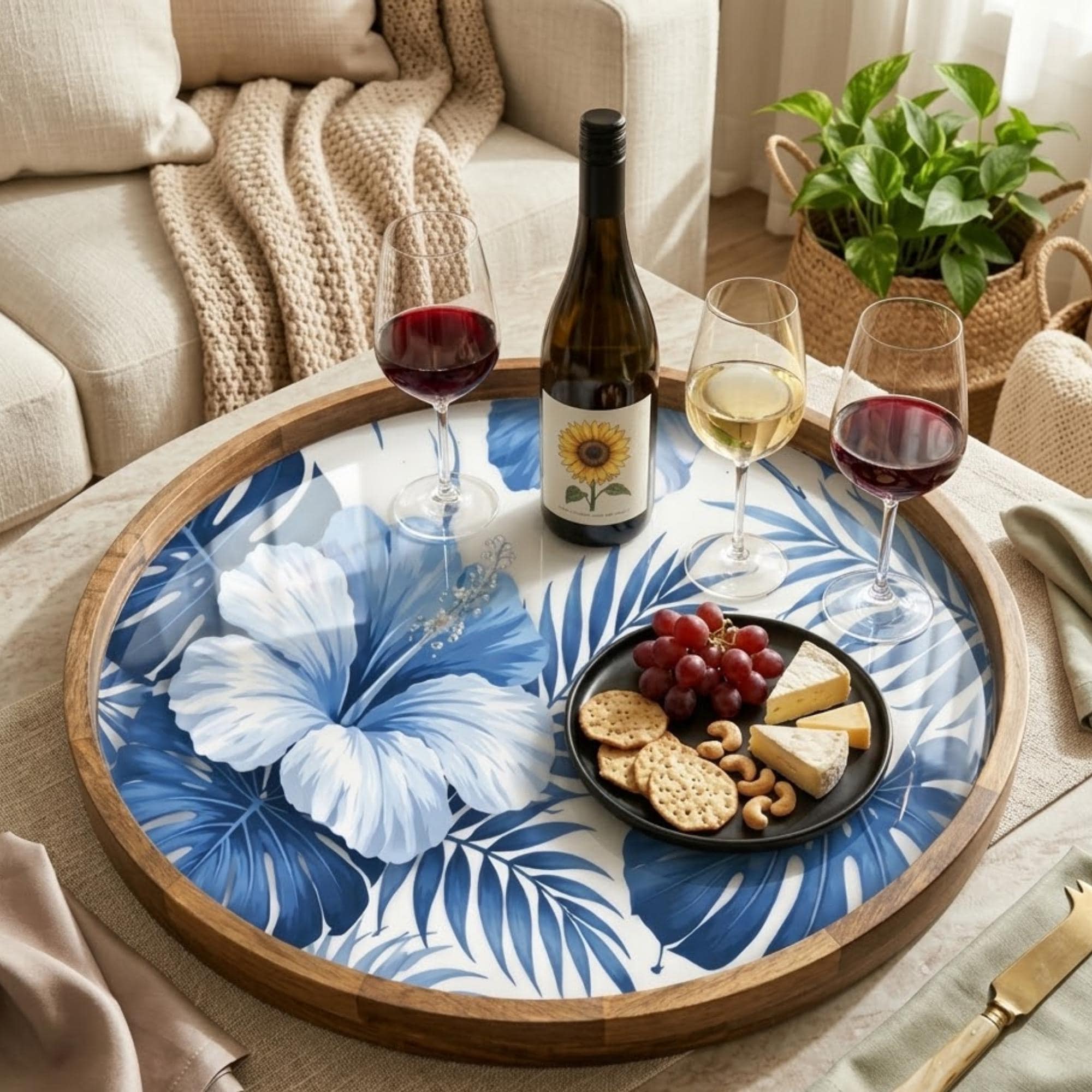 Blue Floral Mango Wood Serving Tray | Tropical Ottoman Coffee Table Decor