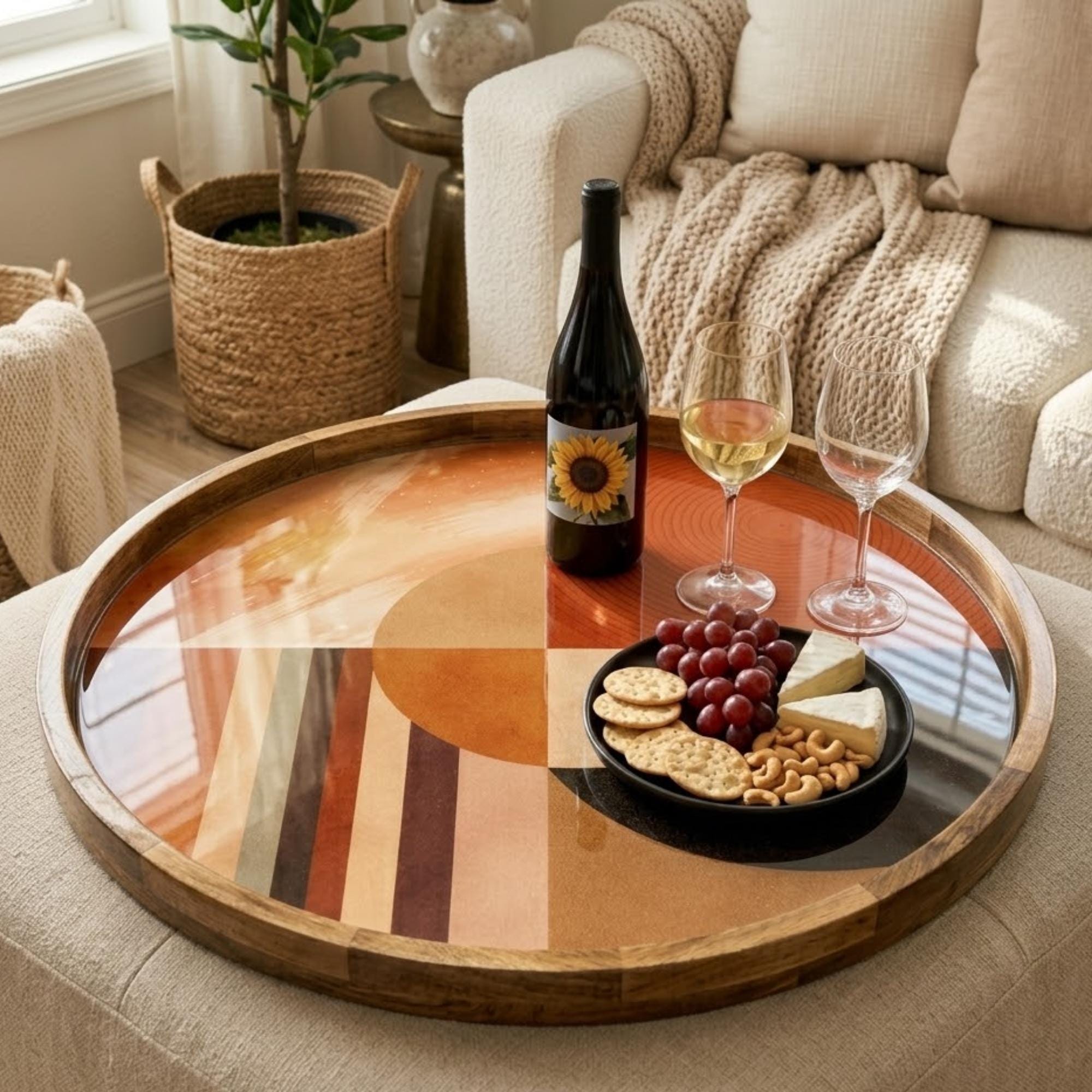 Handmade Mango Wood Serving Tray | Mid Century Modern Geometric Ottoman Decor