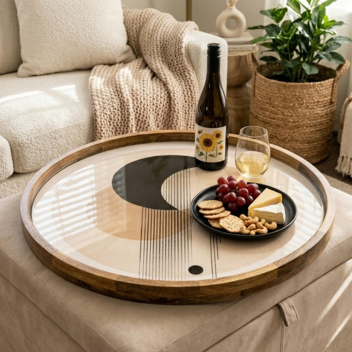 Geometric Abstract Mango Wood Serving Tray | Minimalist Ottoman Coffee Table Decor