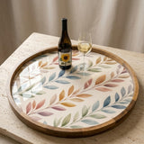 Printed Mango Wood Round Serving Tray | Botanical Leaf Boho Home Décor