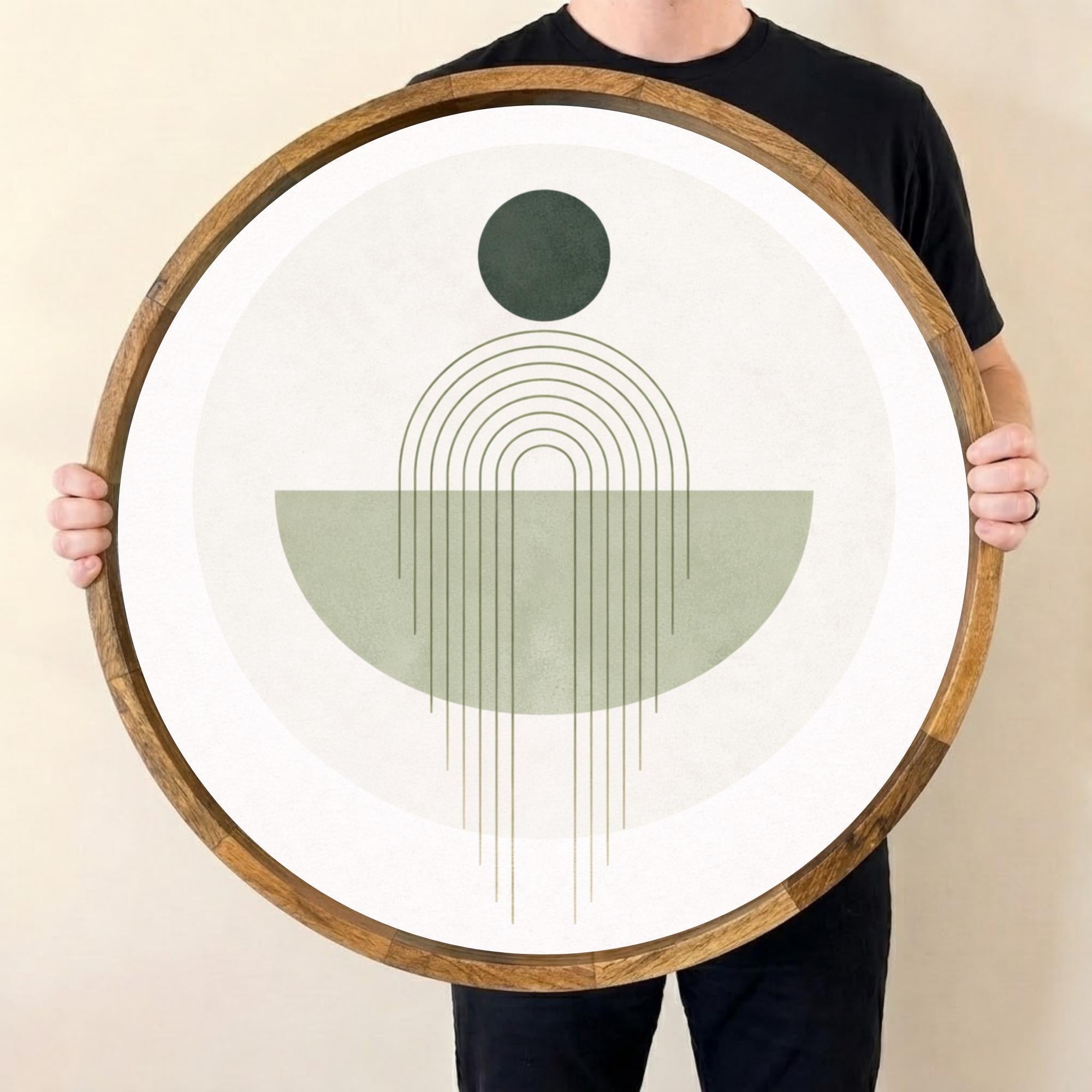 Handcrafted Mango Wood Serving Tray | Sage Green Abstract Print Ottoman Decor