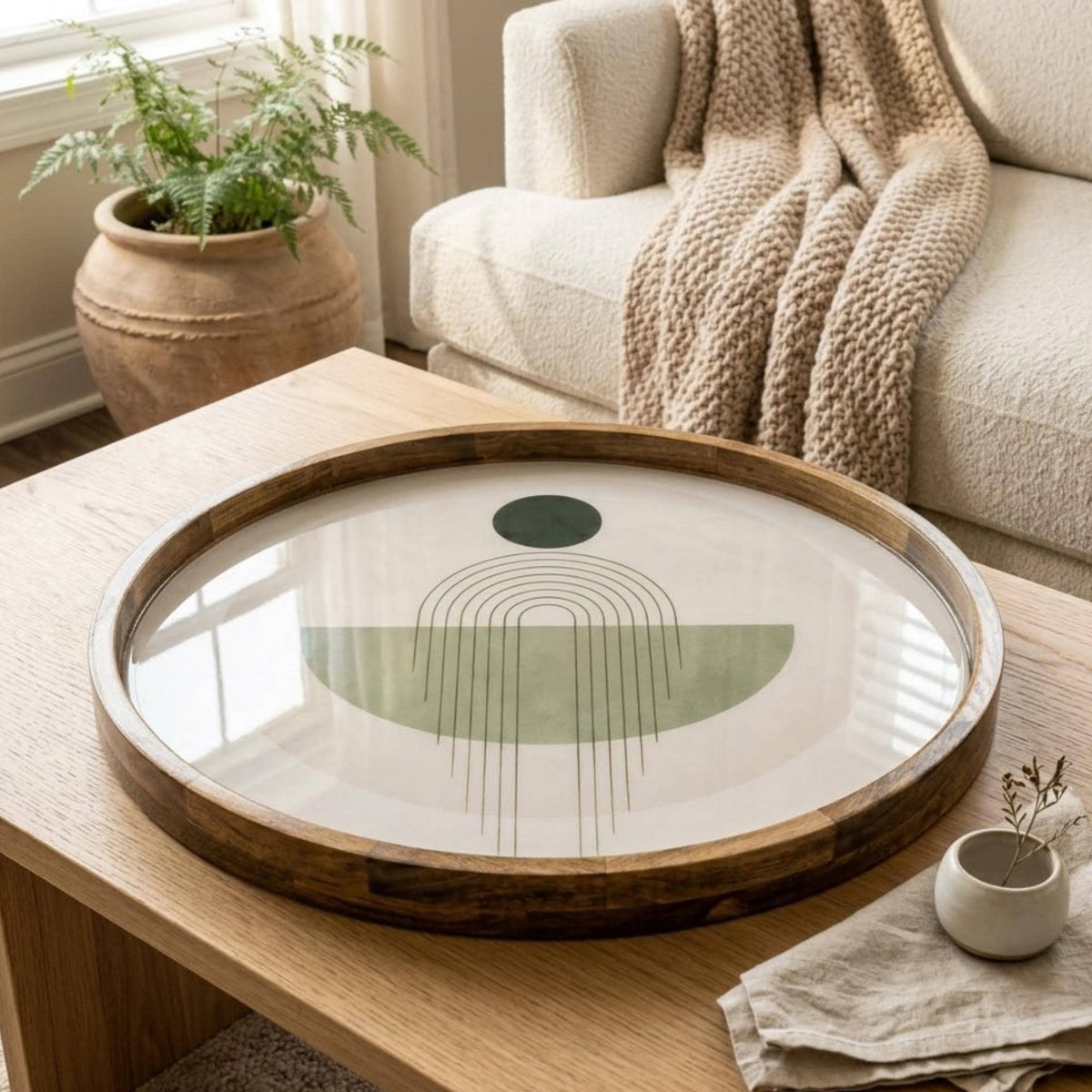 Handcrafted Mango Wood Serving Tray | Sage Green Abstract Print Ottoman Decor