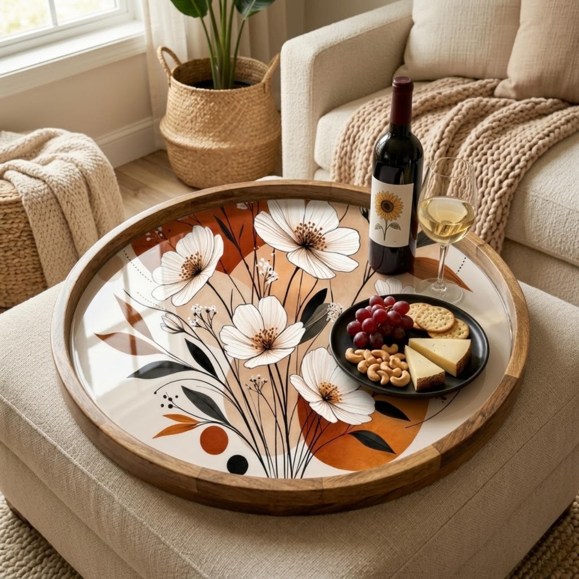 Handmade Boho Floral Mango Wood Serving Tray | Neutral Ottoman Coffee Table Decor