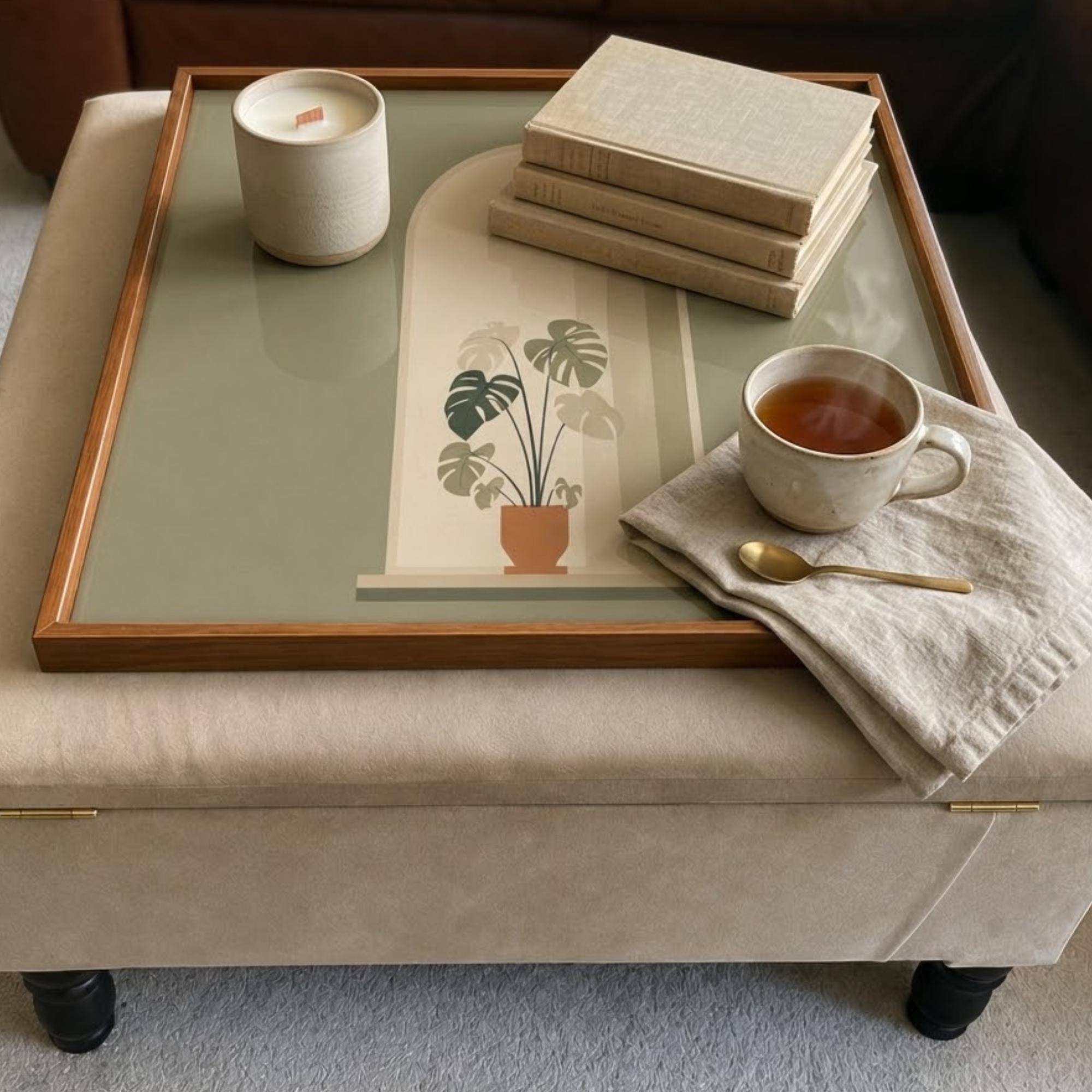 Square Serving Tray, Neutral Botanical Tray, Modern Ottoman Coffee Table Tray, Handmade Resin Wood Tray, Japandi Home Decor